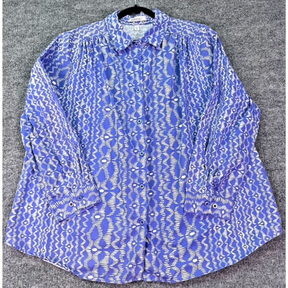Roaman’s Button Front Blouse 1X Blue White Abstract Print Long Sleeve Plus Size - Picture 1 of 8